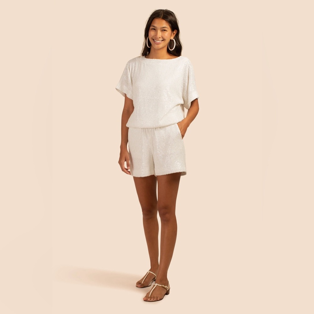 TRINA TURK sprite 2 top Formal Wedding Guest Short-Sleeve White Sequin Blouse 10